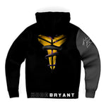 Back of Black Mamba Mentality Microfleece Hoodie with a Gray Sleeve with Kobe Bryant's signature on it in White. Back of Hoodie has the Black Mamba Logo with a Black Mamba snake wrapped around it 